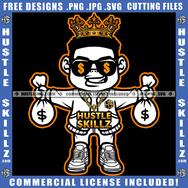 Gangster Man King Crown Black And White Design Holding Money Bag Dollar Gold Chain Eyes Sunglass Coins Grind Logo Hustle Skillz SVG PNG JPG Vector Cut Files Silhouette Cricut