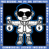 Gangster Man Black And White Design Holding Money Bag Dollar Sign Eyes Sunglass Coins Grind Logo Hustle Skillz SVG PNG JPG Vector Cut Files Silhouette Cricut