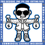 Gangster Man Black And White Design Holding Money Bag Dollar Sign Eyes Sunglass Coins Grind Logo Hustle Skillz SVG PNG JPG Vector Cut Files Silhouette Cricut