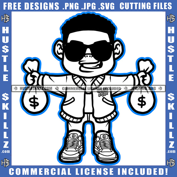 Gangster Man Black And White Design Holding Money Bag Dollar Sign Eyes Sunglass Coins Grind Logo Hustle Skillz SVG PNG JPG Vector Cut Files Silhouette Cricut