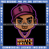 Black Man Gold Chain Earring Wearing Baseball Cap Beard Grind Logo Hustle Skillz SVG PNG JPG Vector Cut Files Silhouette Cricut