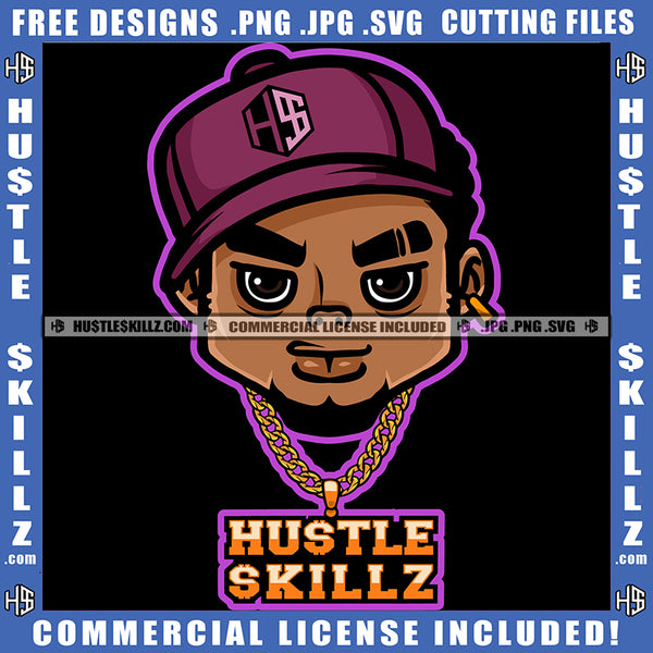 Black Man Gold Chain Earring Wearing Baseball Cap Beard Grind Logo Hustle Skillz SVG PNG JPG Vector Cut Files Silhouette Cricut