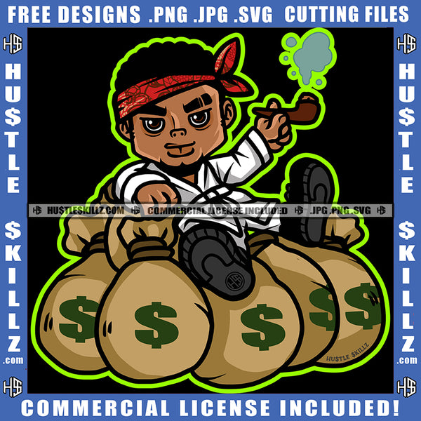 Hustler Gangster Black Man Money Bag Band Dollar Sign Beard Grind Smoking Pipe Cigar Logo Hustle Skillz SVG PNG JPG Vector Cut Files Silhouette Cricut