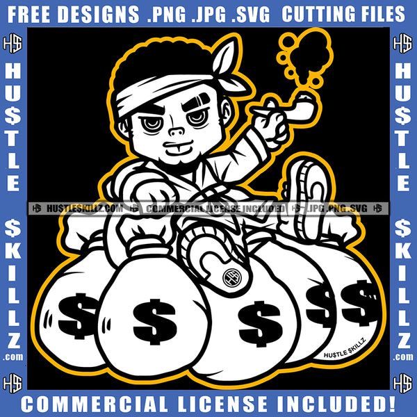 Gangster Black Man Band Smoking Pipe Black And White Design Laying On Money Bag Dollar Sign Beard Grind Hustler Logo Hustle Skillz SVG PNG JPG Vector Cut Files Silhouette Cricut