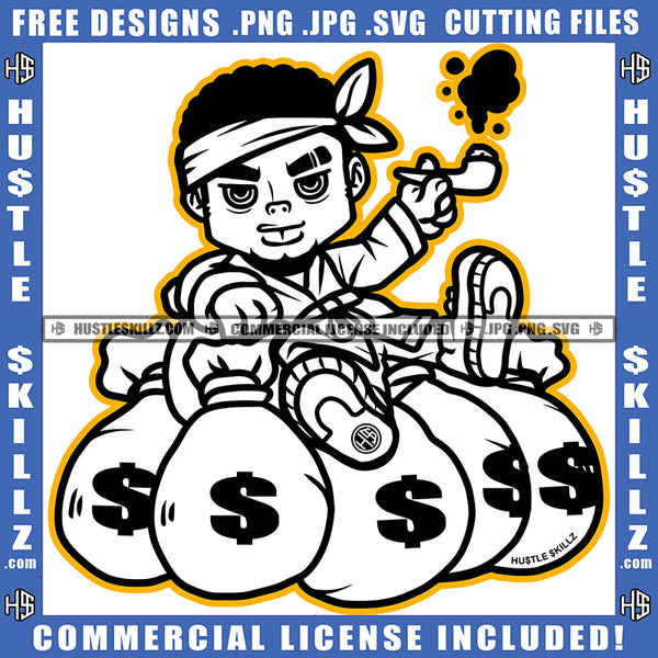 Gangster Black Man Band Smoking Pipe Black And White Design Laying On Money Bag Dollar Sign Beard Grind Hustler Logo Hustle Skillz SVG PNG JPG Vector Cut Files Silhouette Cricut