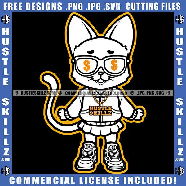 Gangster Kitten Cat Black And White Design Gold Chain Graphic Hustle Dollar Sign Sunglass Logo Hustle Skillz SVG PNG JPG Vector Cut Files Silhouette Cricut