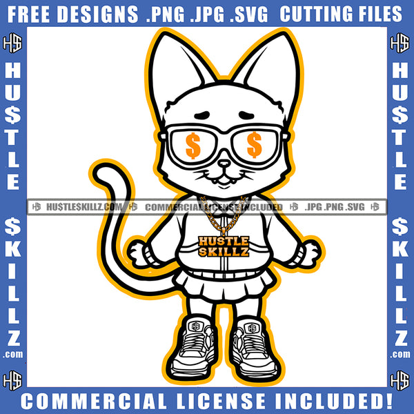 Gangster Kitten Cat Black And White Design Gold Chain Graphic Hustle Dollar Sign Sunglass Logo Hustle Skillz SVG PNG JPG Vector Cut Files Silhouette Cricut