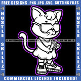 Gangster Kitten Cute Cat Black And White Design Graphic Hustle Dollar Sign Sunglass Logo Hustle Skillz SVG PNG JPG Vector Cut Files Silhouette Cricut