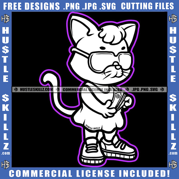 Gangster Kitten Cute Cat Black And White Design Graphic Hustle Dollar Sign Sunglass Logo Hustle Skillz SVG PNG JPG Vector Cut Files Silhouette Cricut