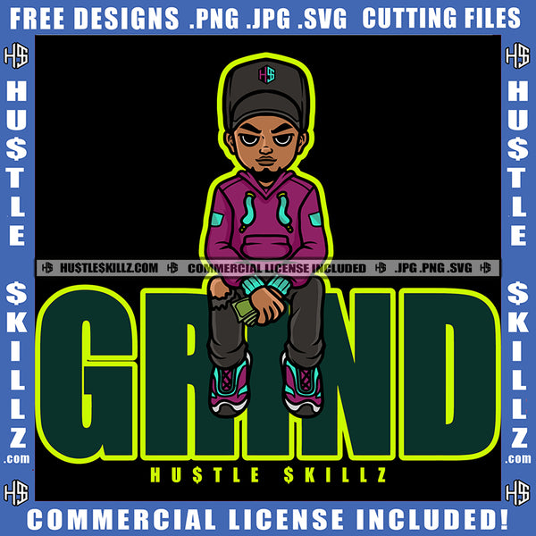 Angry Man Wearing Suit Beard Dollar Sign Holding Money Grind Text Illustration Logo Hustle Skillz SVG PNG JPG Vector Cut Files Silhouette Cricut