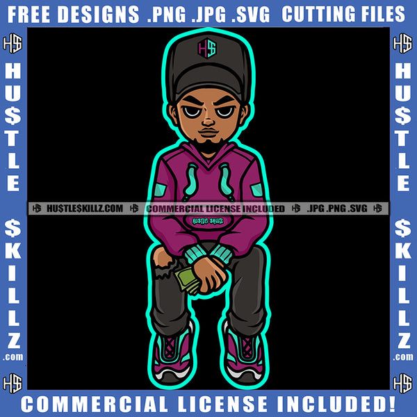 Gangster Man Wearing Suit Baseball Cap Beard Dollar Sign Holding Money Graphic Design Logo Hustle Skillz SVG PNG JPG Vector Cut Files Silhouette Cricut