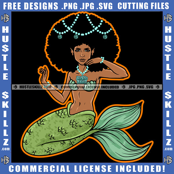 Sexy Melanin Mermaid Girl Sticker African Queen Curly Hair Chain Seashell Logo Hustle Skillz SVG PNG JPG Vector Cut Files Silhouette Cricut