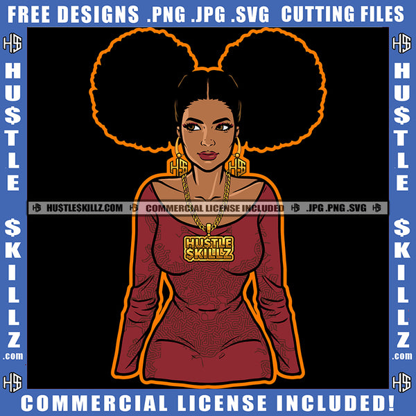 Melanin Woman Afro Puff Hairstyle Orange Border Hustle Skillz SVG PNG JPG Vector Cut Files Silhouette Cricut