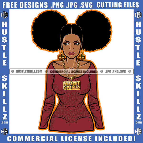 Melanin Woman Afro Puff Hairstyle Orange Border Hustle Skillz SVG PNG JPG Vector Cut Files Silhouette Cricut