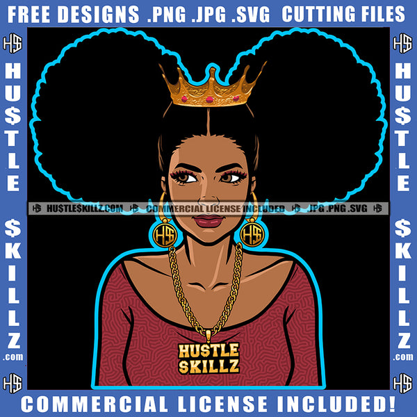 African American Woman Afro Puff Hairstyle Female Lady Gold Chain Hustler Hoop Earring Logo Hustle Skillz SVG PNG JPG Vector Cut Files Silhouette Cricut