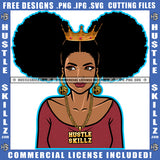 African American Woman Afro Puff Hairstyle Female Lady Gold Chain Hustler Hoop Earring Logo Hustle Skillz SVG PNG JPG Vector Cut Files Silhouette Cricut