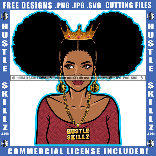 African American Woman Afro Puff Hairstyle Female Lady Gold Chain Hustler Hoop Earring Logo Hustle Skillz SVG PNG JPG Vector Cut Files Silhouette Cricut