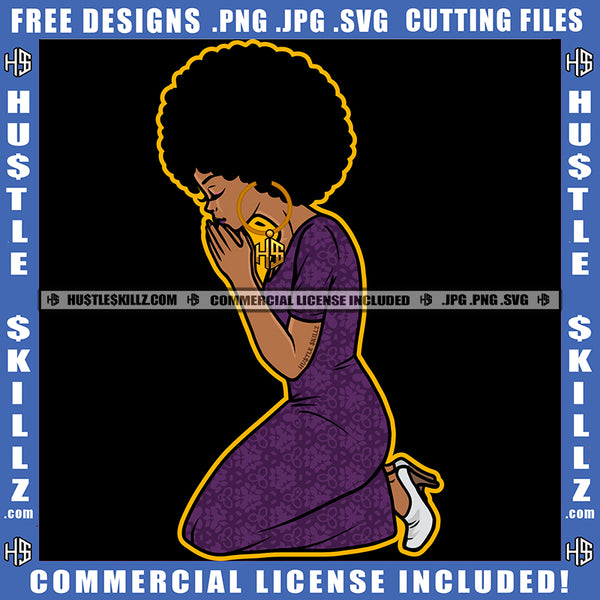 Melanin Woman Praying God Hands Pray Closing Eyes Hope Girl Puff Hairstyle Hustler Earing Logo Hustle Skillz SVG PNG JPG Vector Cut Files Silhouette Cricut