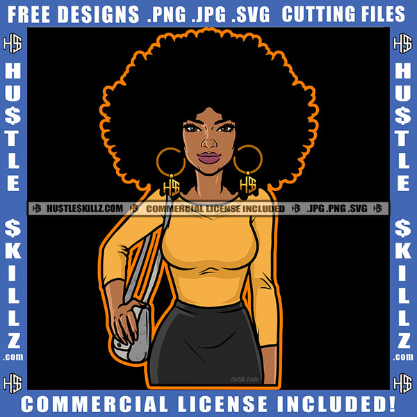 Melanin Woman Hands Side Bag Beautiful Eyes Curly Hairstyle Hustler Gold Earing Matching Outfit Logo Hustle Skillz SVG PNG JPG Vector Cut Files Silhouette Cricut