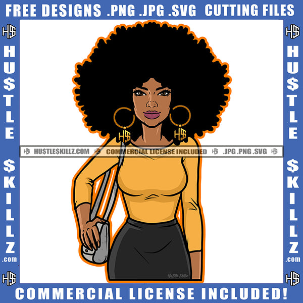 Melanin Woman Hands Side Bag Beautiful Eyes Curly Hairstyle Hustler Gold Earing Matching Outfit Logo Hustle Skillz SVG PNG JPG Vector Cut Files Silhouette Cricut