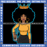 African American Lady Queen Woman Hands Side Bag Beautiful Eyes Curly Hairstyle Hustler Gold Earing Matching Outfit Logo Hustle Skillz SVG PNG JPG Vector Cut Files Silhouette Cricut