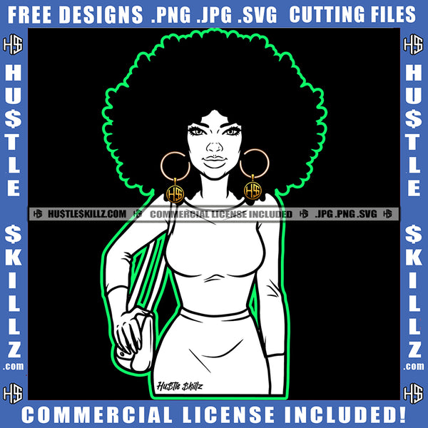 Woman Black And White Design Hands Side Bag Beautiful Eyes Afro Puff Hairstyle Hustler Earing Logo Hustle Skillz SVG PNG JPG Vector Cut Files Silhouette Cricut