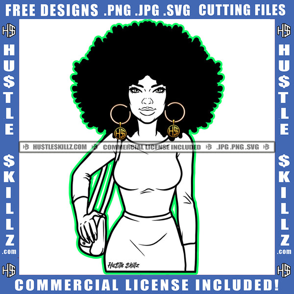 Woman Black And White Design Hands Side Bag Beautiful Eyes Afro Puff Hairstyle Hustler Earing Logo Hustle Skillz SVG PNG JPG Vector Cut Files Silhouette Cricut