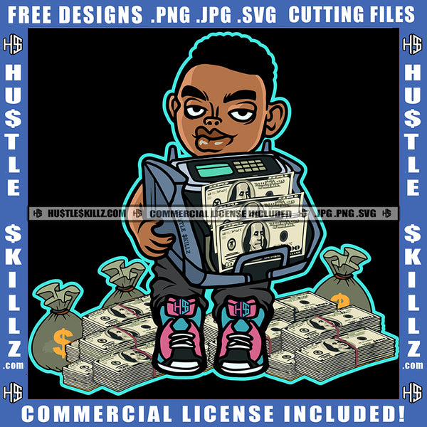 Gangster Man Holding Money Counting Machine Sitting On Cash Bag Dollar Sign Logo Hustle Skillz SVG PNG JPG Vector Cut Files Silhouette Cricut