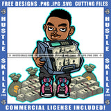 Gangster Man Holding Money Counting Machine Sitting On Cash Bag Dollar Sign Logo Hustle Skillz SVG PNG JPG Vector Cut Files Silhouette Cricut