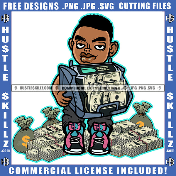 Gangster Man Holding Money Counting Machine Sitting On Cash Bag Dollar Sign Logo Hustle Skillz SVG PNG JPG Vector Cut Files Silhouette Cricut