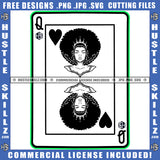 Queen Of Hearts Black And White Design Playing Card Love Crown Afro Puff Hairstyle Logo Hustle Skillz SVG PNG JPG Vector Cut Files Silhouette Cricut