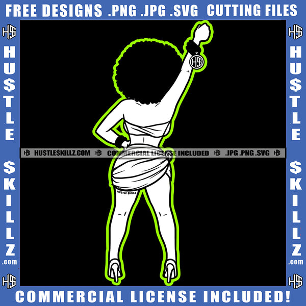 Woman Black And White Design Afro Puff Hairstyle Fit Figure Curvy And Sexy Hand Hustler Bracelet Logo Hustle Skillz SVG PNG JPG Vector Cut Files Silhouette Cricut