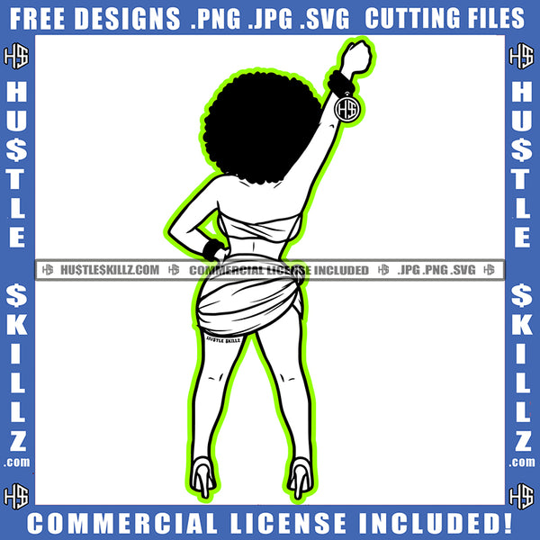 Woman Black And White Design Afro Puff Hairstyle Fit Figure Curvy And Sexy Hand Hustler Bracelet Logo Hustle Skillz SVG PNG JPG Vector Cut Files Silhouette Cricut