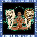 Black Woman Doing Yoga Meditation Relaxing Connection Praying Hands Closing Eyes Matching Outfit Afro Puff Hairstyle Hustler Earing With Lion King Queen Power Wild Animal Logo Hustle Skillz SVG PNG JPG Vector Cut Files Silhouette Cricut