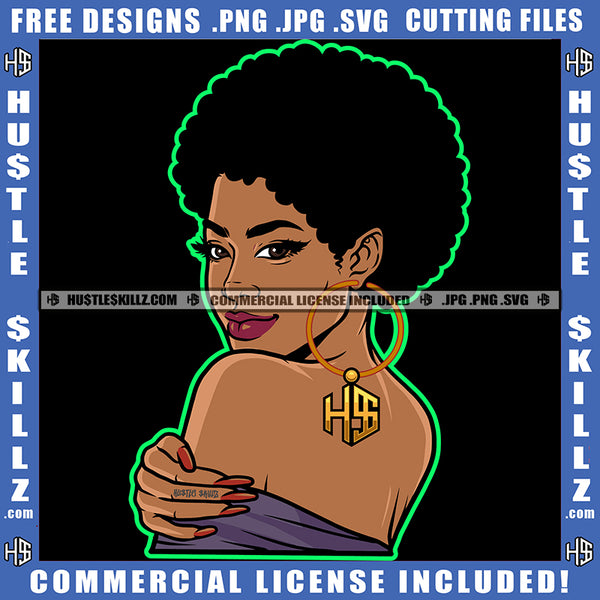 African American Lady Afro Puff Hairstyle Hustler Earing Beautiful Eyes Logo Hustle Skillz SVG PNG JPG Vector Cut Files Silhouette Cricut