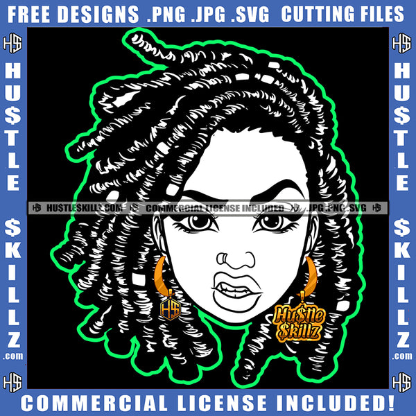 Melanin Woman Black And White Design Dreadlocks Hairstyle Beautiful Eyes Cute Girl Hustler Earring Nose Pin Logo Hustle Skillz SVG PNG JPG Vector Cut Files Silhouette Cricut