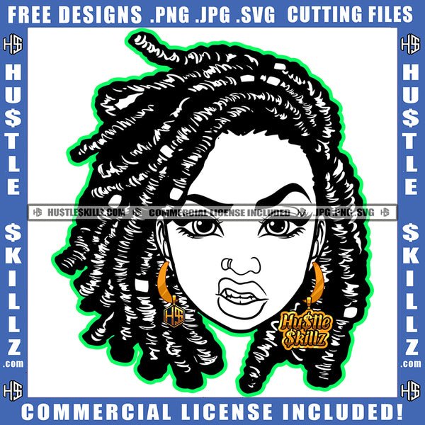 Melanin Woman Black And White Design Dreadlocks Hairstyle Beautiful Eyes Cute Girl Hustler Earring Nose Pin Logo Hustle Skillz SVG PNG JPG Vector Cut Files Silhouette Cricut