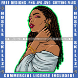 African American Lady Locs Dreads Hair Hustler Bracelet Ring Gold Chain Hustler Earring Beautiful Closing Eyes Logo Hustle Skillz SVG PNG JPG Vector Cut Files Silhouette Cricut