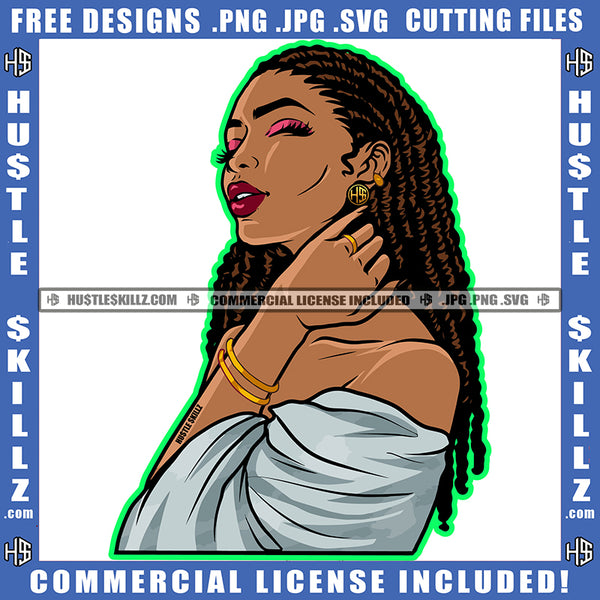 African American Lady Locs Dreads Hair Hustler Bracelet Ring Gold Chain Hustler Earring Beautiful Closing Eyes Logo Hustle Skillz SVG PNG JPG Vector Cut Files Silhouette Cricut