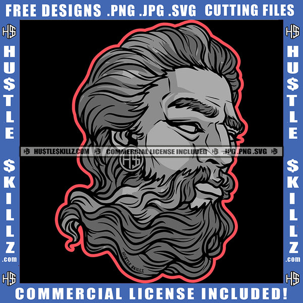 Zeus Triton Neptune With Beard And Mustache Ancient Greek God Sculpture Philosopher Face Logo Hustle Skillz SVG PNG JPG Vector Cut Files Silhouette Cricut