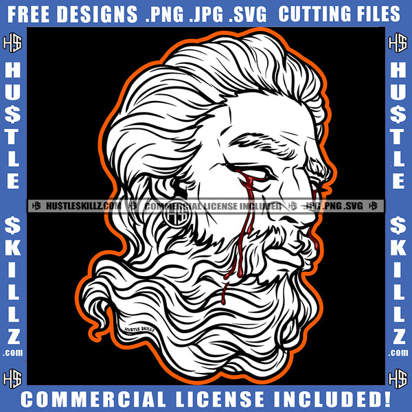 Ancient Greek God Black And White Design Sculpture Philosopher Face Blood Bleeding Tears like Zeus Triton Neptune With Beard And Mustache Logo Hustle Skillz SVG PNG JPG Vector Cut Files Silhouette Cricut