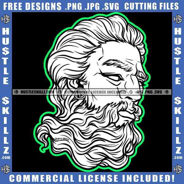 Zeus Triton Black And White Design Neptune With Beard And Mustache Ancient Greek God Sculpture Philosopher Face Logo Hustle Skillz SVG PNG JPG Vector Cut Files Silhouette Cricut