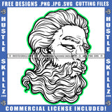 Zeus Triton Black And White Design Neptune With Beard And Mustache Ancient Greek God Sculpture Philosopher Face Logo Hustle Skillz SVG PNG JPG Vector Cut Files Silhouette Cricut