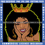 African American Lady Queen Woman Smiling Crown Hustler Gold Earring Afro Puff Hairstyle Logo Hustle Skillz SVG PNG JPG Vector Cut Files Silhouette Cricut