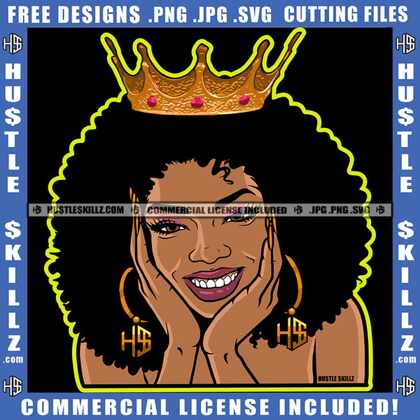 African American Lady Queen Woman Smiling Crown Hustler Gold Earring Afro Puff Hairstyle Logo Hustle Skillz SVG PNG JPG Vector Cut Files Silhouette Cricut