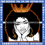 Melanin Woman Queen Black And White Design Smiling Crown Hustler Gold Earring Afro Puff Hairstyle Logo Hustle Skillz SVG PNG JPG Vector Cut Files Silhouette Cricut