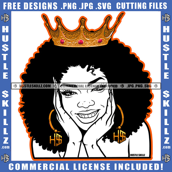 Melanin Woman Queen Black And White Design Smiling Crown Hustler Gold Earring Afro Puff Hairstyle Logo Hustle Skillz SVG PNG JPG Vector Cut Files Silhouette Cricut