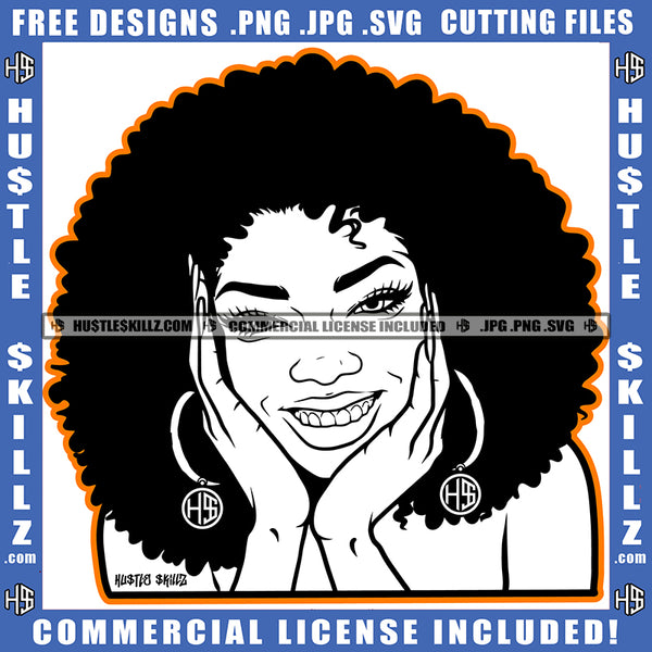 Woman Black And White Design Smiling Hustler Earring Afro Puff Hairstyle Beautiful Eyes Logo Hustle Skillz SVG PNG JPG Vector Cut Files Silhouette Cricut