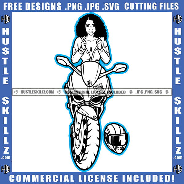 Afro Woman Biker Girl Black And White Design Sport Bike  Motorcycle Ride Nubian Girl Magic Logo Hustle Skillz SVG PNG JPG Vector Cut Files Silhouette Cricut