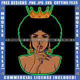 African American Lady Queen Woman Crown Hustler Gold Earring Afro Puff Hairstyle Pointing Finger Blue Fingernails Stop Sign Logo Hustle Skillz SVG PNG JPG Vector Cut Files Silhouette Cricut